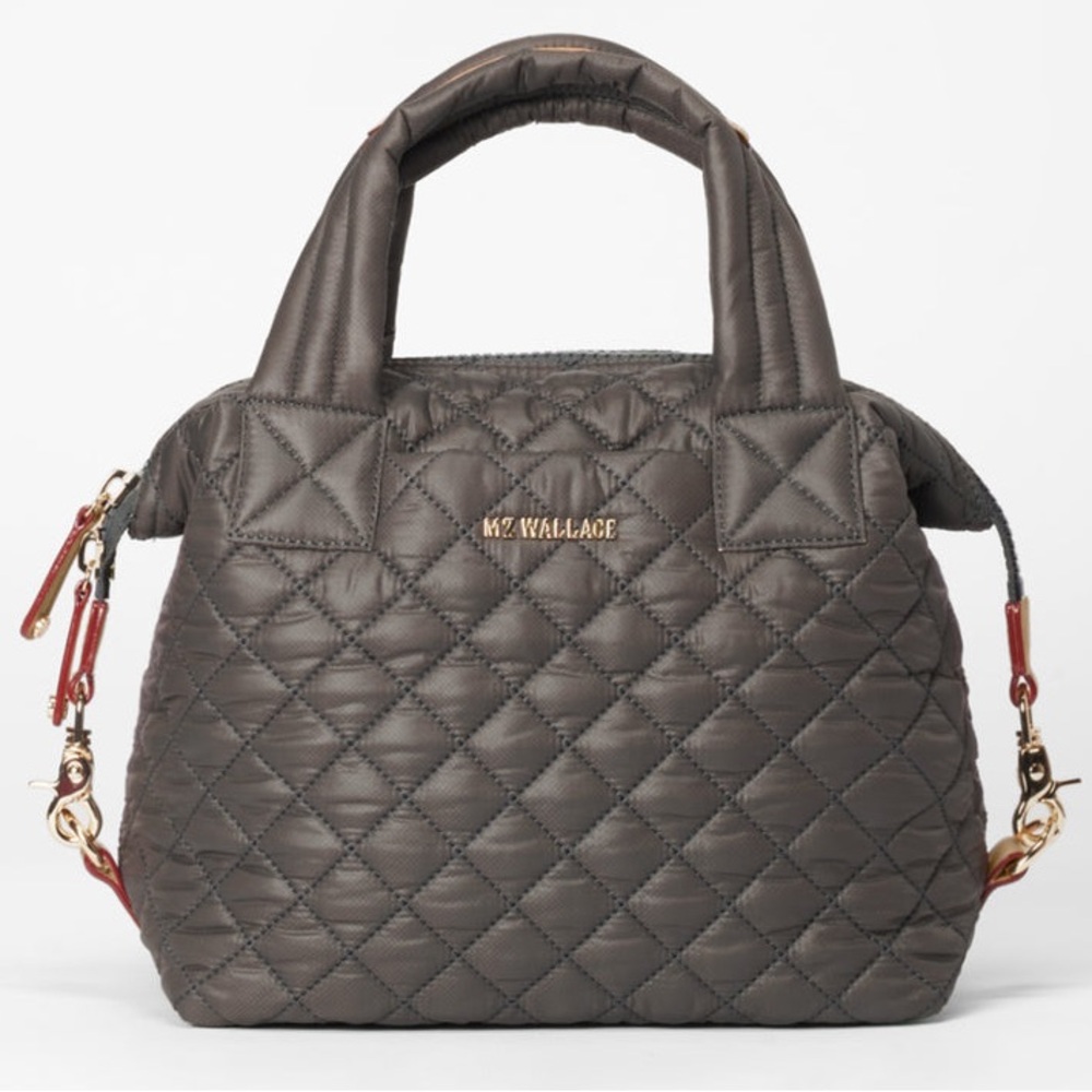 MZ Wallace Small Sutton Deluxe Gray Quilted Satchel with Gold Accents